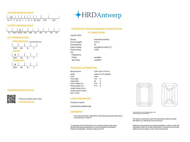 Emerald diamant 3.01ct – e/vvs2 – hrd - afbeelding 4 van  4