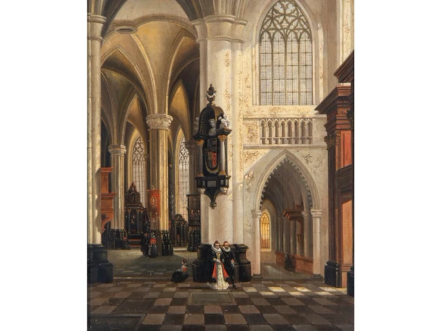 Emile de cauwer (1828-1873), figures in a 17thc baroque church interior, 1855, oil on mahogany, 36.5 x 29.5 cm. (14.36 x 11.60 in.), frame: 48 x 40 cm. (18.89 x 15 3/4 in.) - afbeelding 1 van  5