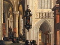 Emile de cauwer (1828-1873), figures in a 17thc baroque church interior, 1855, oil on mahogany, 36.5 x 29.5 cm. (14.36 x 11.60 in.), frame: 48 x 40 cm. (18.89 x 15 3/4 in.)