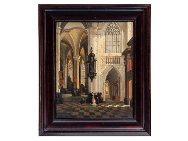 Emile de cauwer (1828-1873), figures in a 17thc baroque church interior, 1855, oil on mahogany, 36.5 x 29.5 cm. (14.36 x 11.60 in.), frame: 48 x 40 cm. (18.89 x 15 3/4 in.) - afbeelding 2 van  5