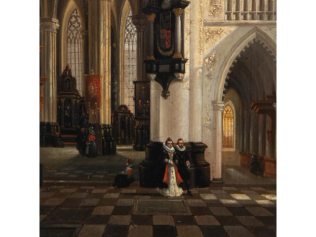 Emile de cauwer (1828-1873), figures in a 17thc baroque church interior, 1855, oil on mahogany, 36.5 x 29.5 cm. (14.36 x 11.60 in.), frame: 48 x 40 cm. (18.89 x 15 3/4 in.) - afbeelding 4 van  5