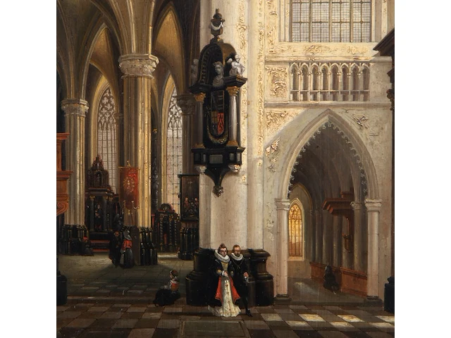 Emile de cauwer (1828-1873), figures in a 17thc baroque church interior, 1855, oil on mahogany, 36.5 x 29.5 cm. (14.36 x 11.60 in.), frame: 48 x 40 cm. (18.89 x 15 3/4 in.) - afbeelding 5 van  5