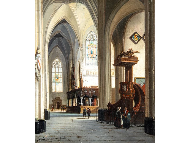 Emile de cauwer (1828-1873), interior of a church, 1853, oil on panel 27 x 23.5 cm. (10.63 x 9 1/4 in.), frame: 54 x 49 cm. (21.26 x 19.28 in.) - afbeelding 1 van  6