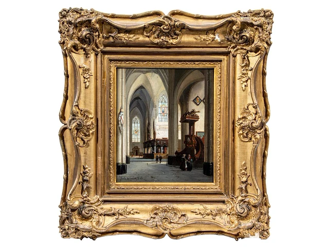 Emile de cauwer (1828-1873), interior of a church, 1853, oil on panel 27 x 23.5 cm. (10.63 x 9 1/4 in.), frame: 54 x 49 cm. (21.26 x 19.28 in.) - afbeelding 2 van  6