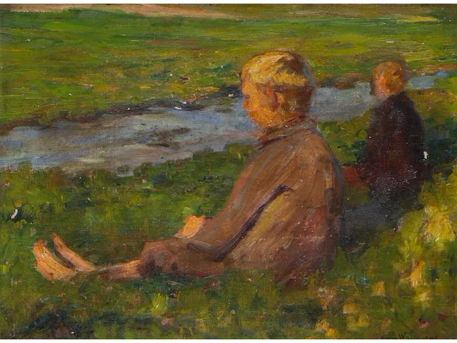 Emile walraevens (1879-1914), two boys sitting in the grass, 1903, oil on canvas 37 x 28 cm. (14.57 x 11.01 in.), frame: 50 x 58 cm. (19.67 x 22.82 in.) - afbeelding 1 van  6