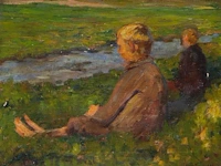 Emile walraevens (1879-1914), two boys sitting in the grass, 1903, oil on canvas 37 x 28 cm. (14.57 x 11.01 in.), frame: 50 x 58 cm. (19.67 x 22.82 in.)