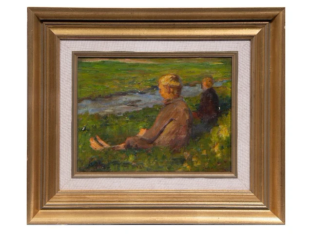 Emile walraevens (1879-1914), two boys sitting in the grass, 1903, oil on canvas 37 x 28 cm. (14.57 x 11.01 in.), frame: 50 x 58 cm. (19.67 x 22.82 in.) - afbeelding 2 van  6