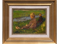 Emile walraevens (1879-1914), two boys sitting in the grass, 1903, oil on canvas 37 x 28 cm. (14.57 x 11.01 in.), frame: 50 x 58 cm. (19.67 x 22.82 in.) - afbeelding 2 van  6