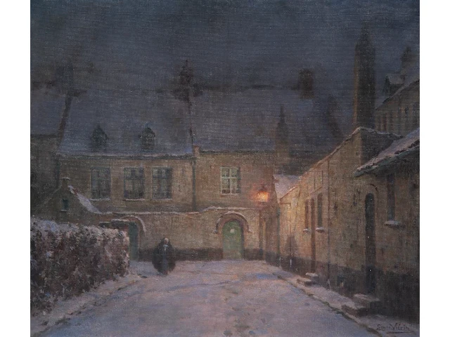 Emmanuel viérin (1869-1954), evening view of a beguinage, oil on canvas 70 x 80 cm. (27.55 x 31 1/2 in.), frame: 73 x 83 cm. (28.73 x 32.67 in.) - afbeelding 1 van  6