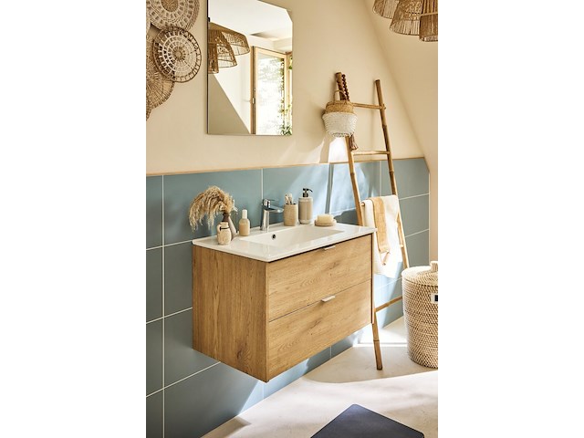 Enkele wastafelmeubel, 80 cm breed, eikenhouten look - afbeelding 1 van  3