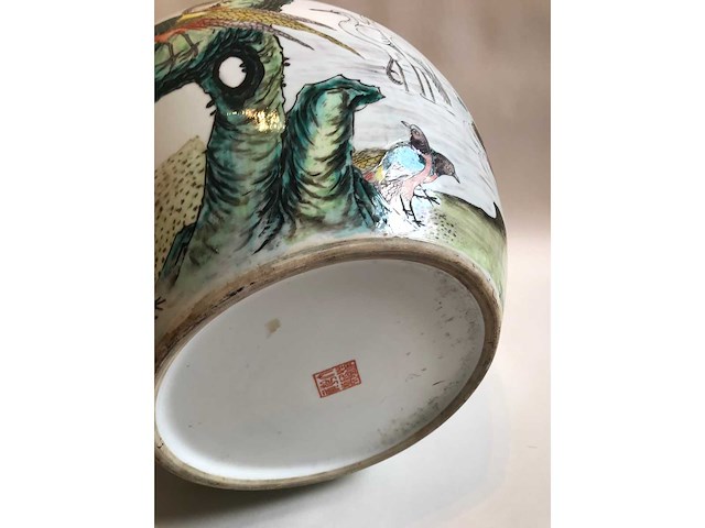 Enorm grote chinese bolvaas met vogels. 38cm diameter! gestempeld. - afbeelding 29 van  37