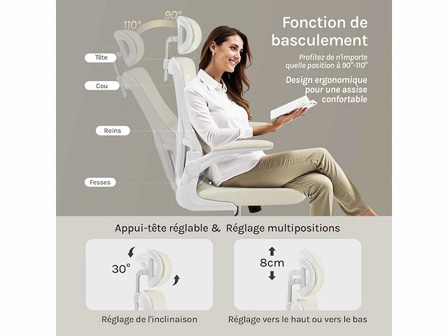 Ergonomische bureaustoel, mesh bureaustoel, beige - afbeelding 5 van  6