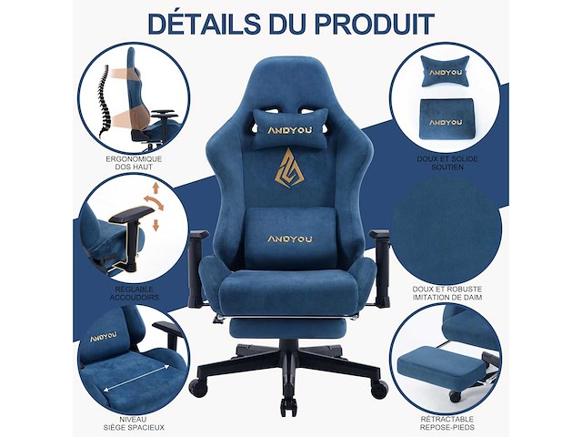 Ergonomische gamingstoel en gamingstoel met telescopisch voetsteunveerkussen - afbeelding 6 van  7