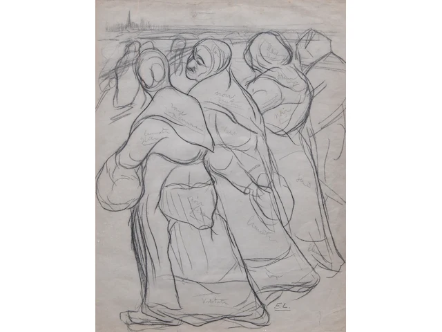 Eugène laermans (1864-1940), ‘les flaneuses’, charcoal study on paper 48 x 36 cm. (18.89 x 14.16 in.), frame: 48 x 46.5 cm. (18.89 x 18.30 in.) - afbeelding 1 van  3