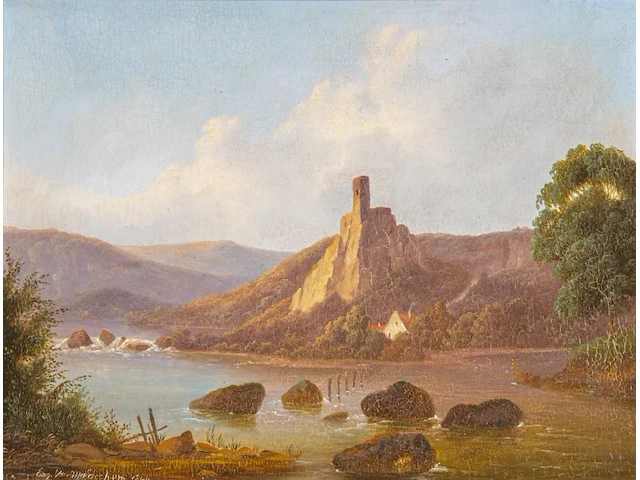 Eugène romain van maldeghem (1813-1867), landscape with watchtower, 1844, oil on panel 19 x 24.5 cm. (7.48 x 9.65 in.), frame: 35 x 41 cm. (13.77 x 16.14 in.) - afbeelding 1 van  5