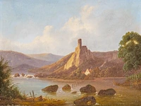 Eugène romain van maldeghem (1813-1867), landscape with watchtower, 1844, oil on panel 19 x 24.5 cm. (7.48 x 9.65 in.), frame: 35 x 41 cm. (13.77 x 16.14 in.)