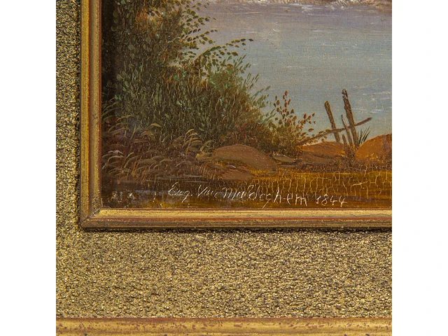 Eugène romain van maldeghem (1813-1867), landscape with watchtower, 1844, oil on panel 19 x 24.5 cm. (7.48 x 9.65 in.), frame: 35 x 41 cm. (13.77 x 16.14 in.) - afbeelding 4 van  5