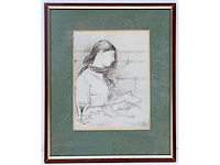 Eugène smits - mijmerende vrouw met glas - potlood en pen op papier