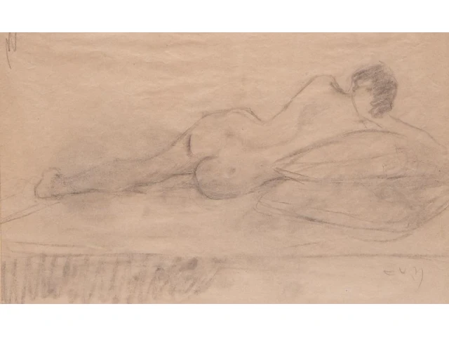 Eugene van mieghem (1875-1930), reclining nude, charcoal drawing, 26 x 41 cm. (10.24 x 16.14 in.), frame: 34 x 49 cm. (13.39 x 19.28 in.) - afbeelding 1 van  6