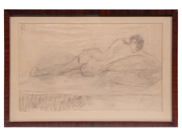 Eugene van mieghem (1875-1930), reclining nude, charcoal drawing, 26 x 41 cm. (10.24 x 16.14 in.), frame: 34 x 49 cm. (13.39 x 19.28 in.) - afbeelding 2 van  6