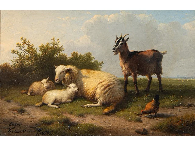 Eugène verboeckhoven (1798/99-1881), resting sheep, goat and chicken in a landscape, 1878, oil on mahogany 14 x 20.5 cm. (5.50 x 8.07 in.), frame: 30 x 37 cm. (11.81 x 14.57 in.) - afbeelding 1 van  6