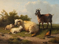 Eugène verboeckhoven (1798/99-1881), resting sheep, goat and chicken in a landscape, 1878, oil on mahogany 14 x 20.5 cm. (5.50 x 8.07 in.), frame: 30 x 37 cm. (11.81 x 14.57 in.)