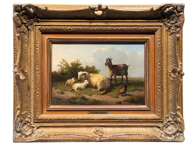 Eugène verboeckhoven (1798/99-1881), resting sheep, goat and chicken in a landscape, 1878, oil on mahogany 14 x 20.5 cm. (5.50 x 8.07 in.), frame: 30 x 37 cm. (11.81 x 14.57 in.) - afbeelding 2 van  6
