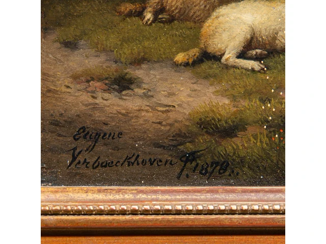 Eugène verboeckhoven (1798/99-1881), resting sheep, goat and chicken in a landscape, 1878, oil on mahogany 14 x 20.5 cm. (5.50 x 8.07 in.), frame: 30 x 37 cm. (11.81 x 14.57 in.) - afbeelding 4 van  6