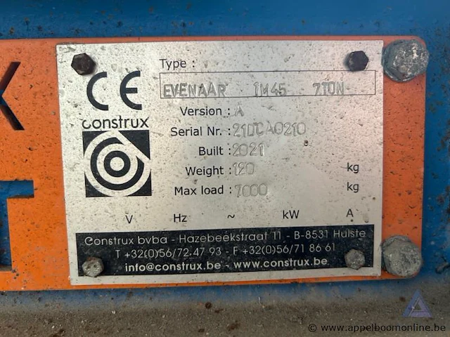 Evenaar construx evenaar 1m45, bouwjaar 2021. eigen gewicht 120 kg, maximale belasting 7000 kg. - afbeelding 2 van  2