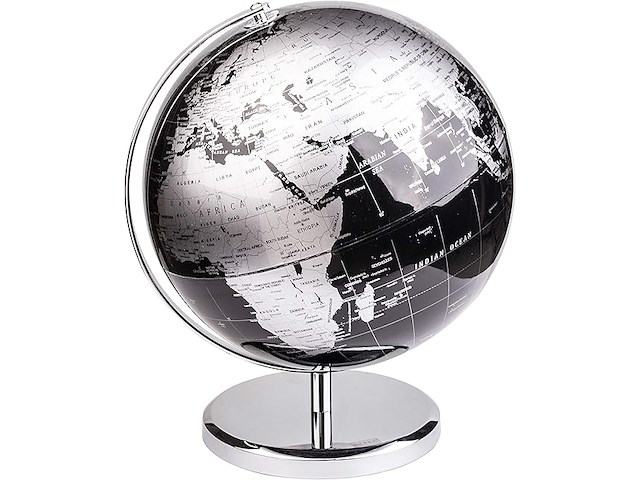 Exerz 25 cm wereldbol - engelse kaart - educatieve/geografische/moderne desktop decoratie - met een metalen voet - metallic zwart - diameter: (25 cm) - afbeelding 1 van  4