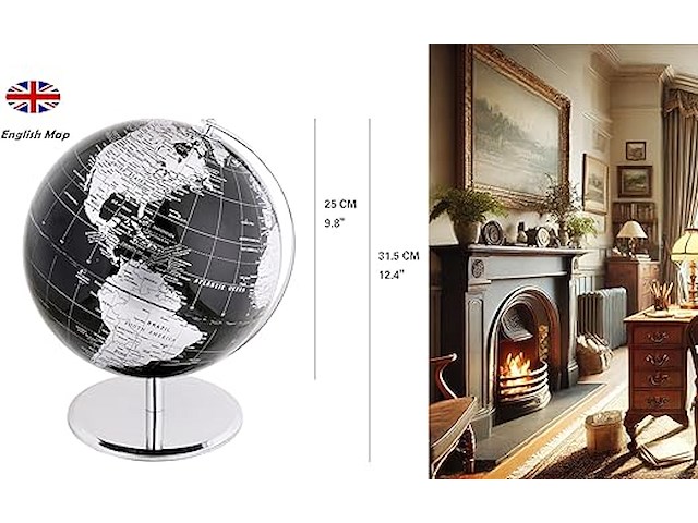 Exerz 25 cm wereldbol - engelse kaart - educatieve/geografische/moderne desktop decoratie - met een metalen voet - metallic zwart - diameter: (25 cm) - afbeelding 2 van  4