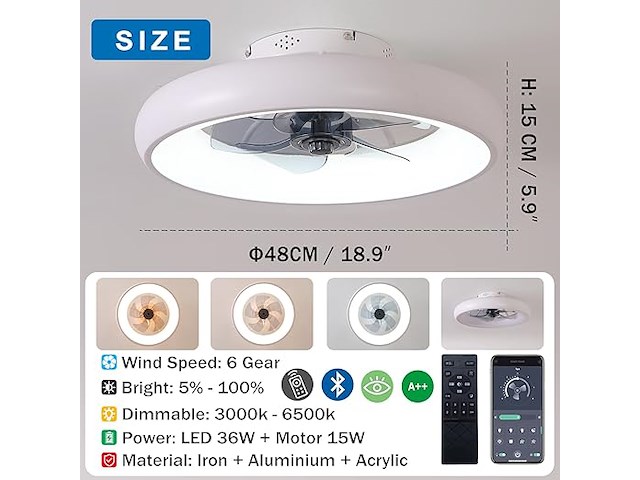 Exlafi plafondventilator met lamp (48 cm) - afbeelding 4 van  8