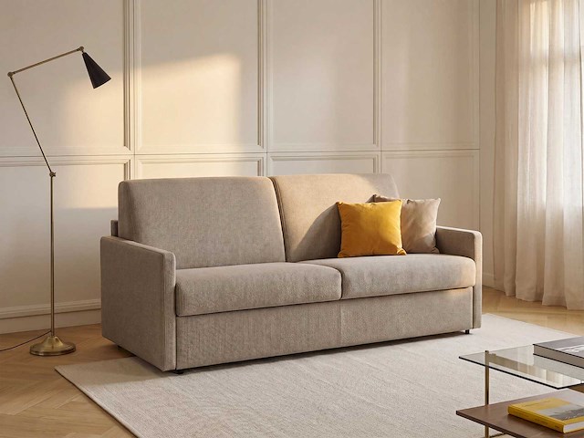 Express converteerbare 4-zitter bank van beige stof - slaapt 160 cm - matrassen 18 cm - afbeelding 2 van  5