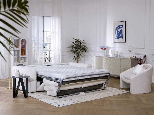 Express convertible 3-persoons bank van beige terry stof - slaapt 140 cm - matrassen 13 cm - afbeelding 3 van  10