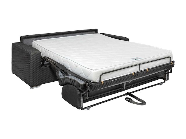 Express convertible 4-zits bank in blauw ribfluwelen - bed met brede latten 160 cm - matras 18 cm - afbeelding 1 van  2