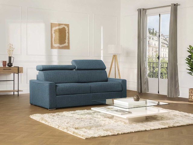 Express convertible 4-zits bank van blauwe stof - bed met brede latten 160 cm - matras 18 cm - afbeelding 1 van  4