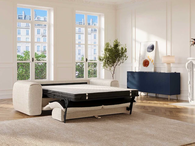 Express convertible 4-zitter bank van beige stof met textuur - slaapt 160 cm - matrassen 16 cm met traagschuim - afbeelding 2 van  6