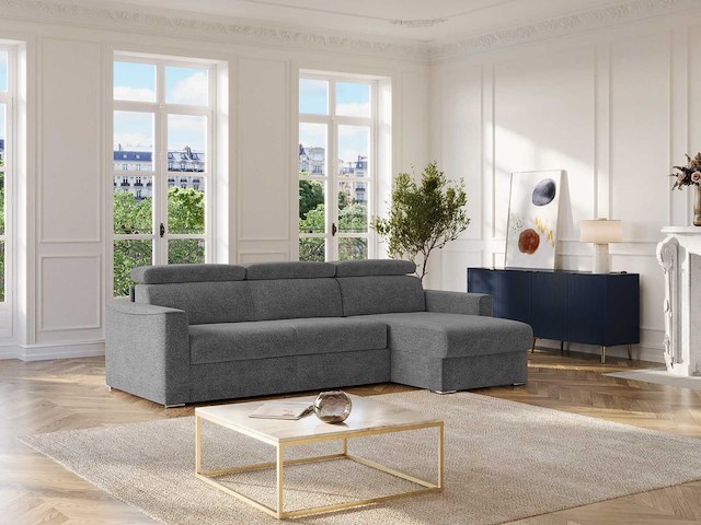 Express convertible omkeerbare hoekbank van antracietgrijs chenille stof - bed met brede latten 160 cm - matras 22 cm traagschuim - afbeelding 4 van  10