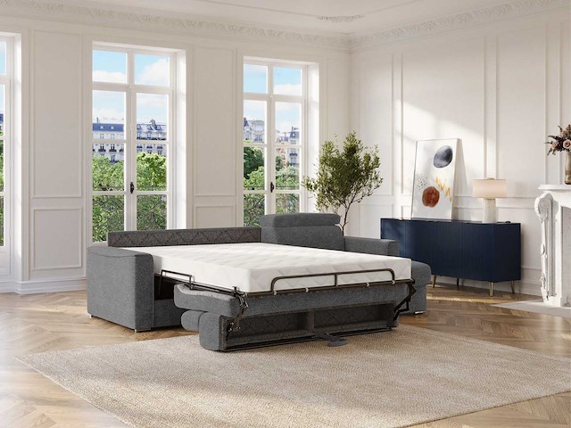 Express convertible omkeerbare hoekbank van antracietgrijs chenille stof - bed met brede latten 160 cm - matras 22 cm traagschuim - afbeelding 1 van  9