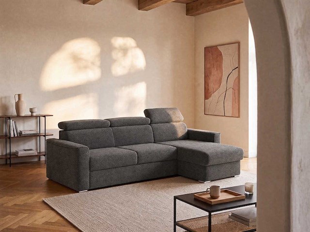 Express convertible omkeerbare hoekbank van antracietgrijs chenille stof - bed met brede latten 160 cm - matras 22 cm traagschuim - afbeelding 2 van  9