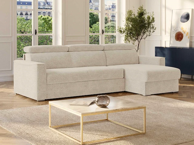 Express convertible omkeerbare hoekbank van beige chenillestof - slaapt 140 cm - matrassen 22 cm traagschuim - afbeelding 3 van  7