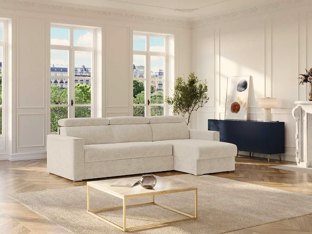 Express convertible omkeerbare hoekbank van beige chenillestof - slaapt 140 cm - matrassen 22 cm traagschuim - afbeelding 4 van  7