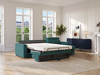 Express omdraaibare hoekbank in eendblauwe chenille stof - slaapt 140 cm - matrassen 18 cm - afbeelding 1 van  8
