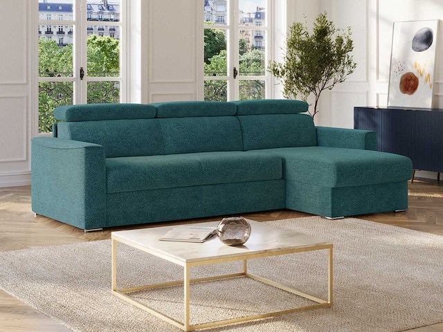 Express omdraaibare hoekbank in eendblauwe chenille stof - slaapt 140 cm - matrassen 18 cm - afbeelding 2 van  8