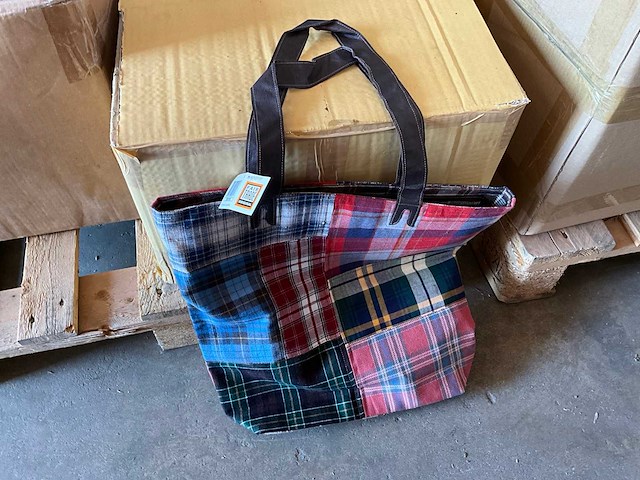 Fair trade tas met rits, textiel ruit motief (24x) - afbeelding 1 van  7