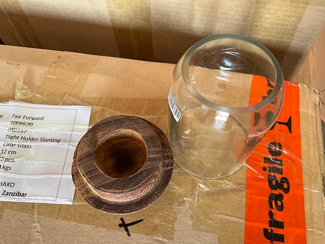 Fair trade theelichthouder 12 cm hout/glas (72x) - afbeelding 1 van  2