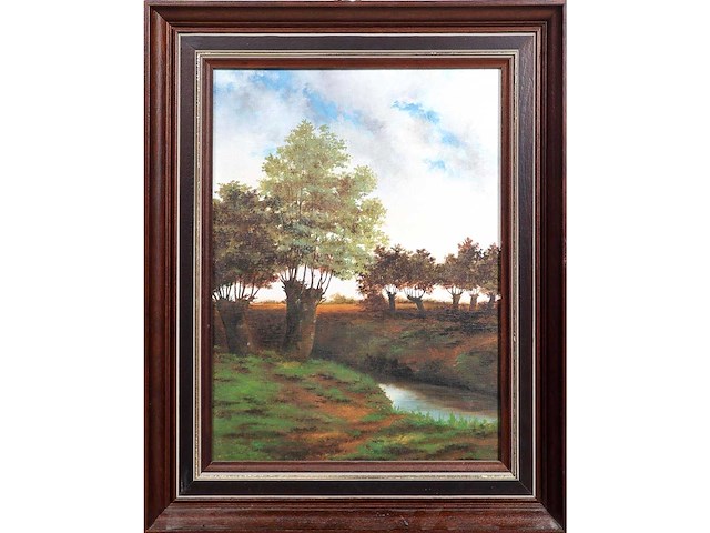 Farzand ali zahid - weiland met knotwilgen aan beek - olie op doek - afbeelding 1 van  5