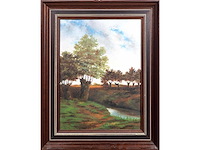 Farzand ali zahid - weiland met knotwilgen aan beek - olie op doek - afbeelding 1 van  5