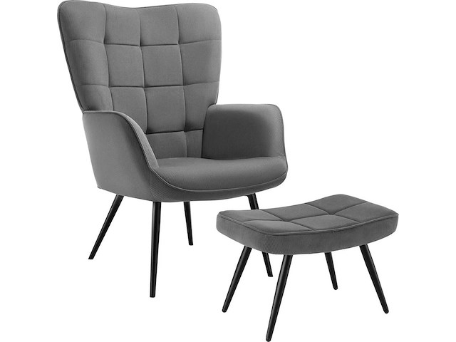 Fauteuil fijn ribfluwelen antraciet/zwart met kruk - afbeelding 2 van  8