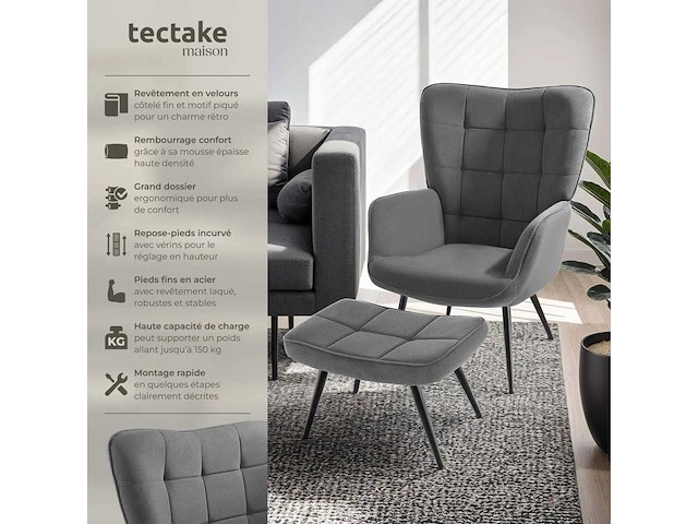 Fauteuil fijn ribfluwelen antraciet/zwart met kruk - afbeelding 3 van  8